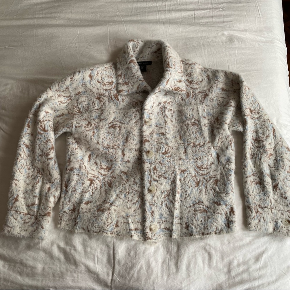 Tahari Soft Textured Jacket Sweater Oversized Shacket in Cream Brown Sz Small